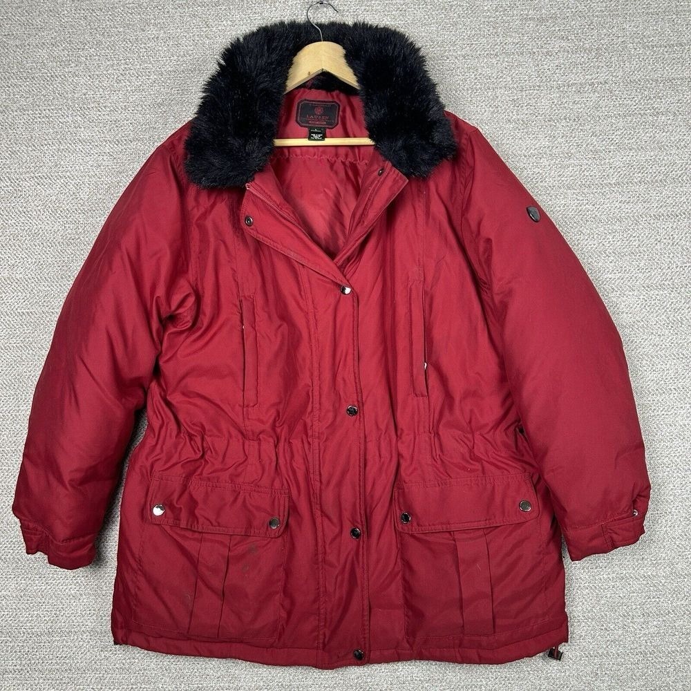 Ralph Lauren‎ Sz L Traditional Winter Goods Chore Field Down Jacket Red Faux Fur